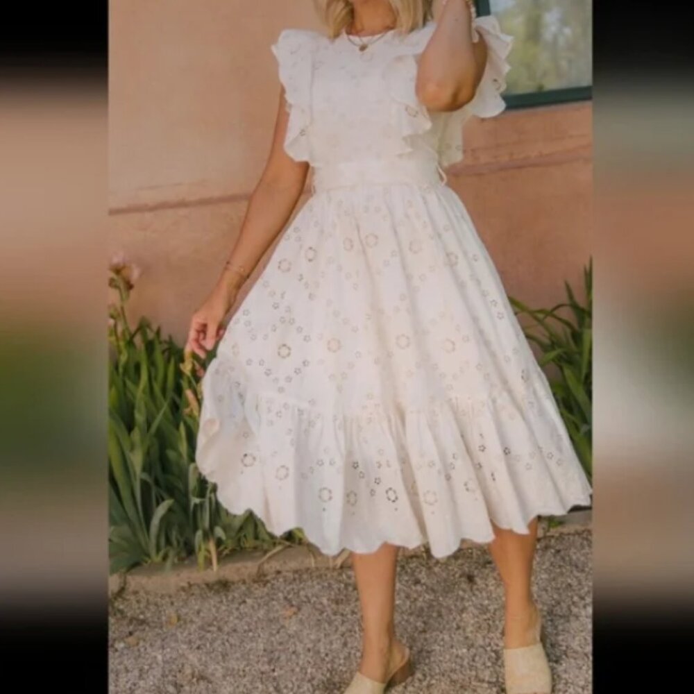 Ivy City Co Clary Eyelet Dress Cream Women's Large Cotton Ruffle Sleeve